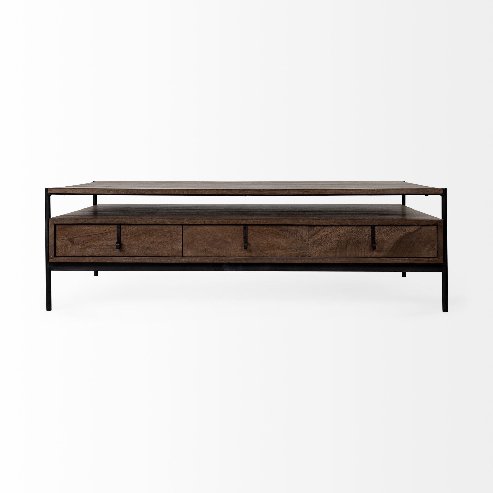 56" Brown and Black Solid Wood and Metal Coffee Table With Three Drawers