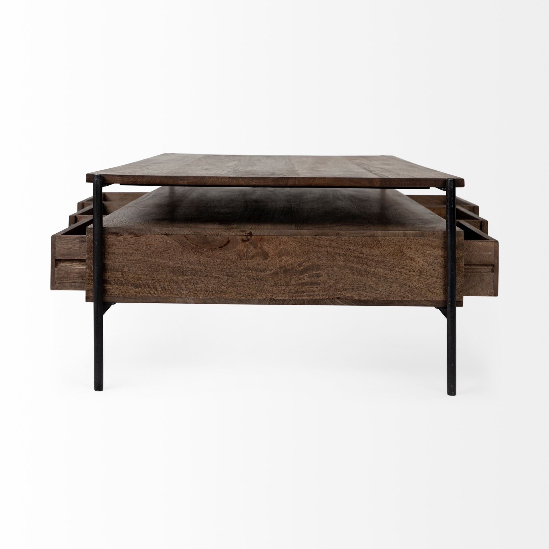 56" Brown and Black Solid Wood and Metal Coffee Table With Three Drawers