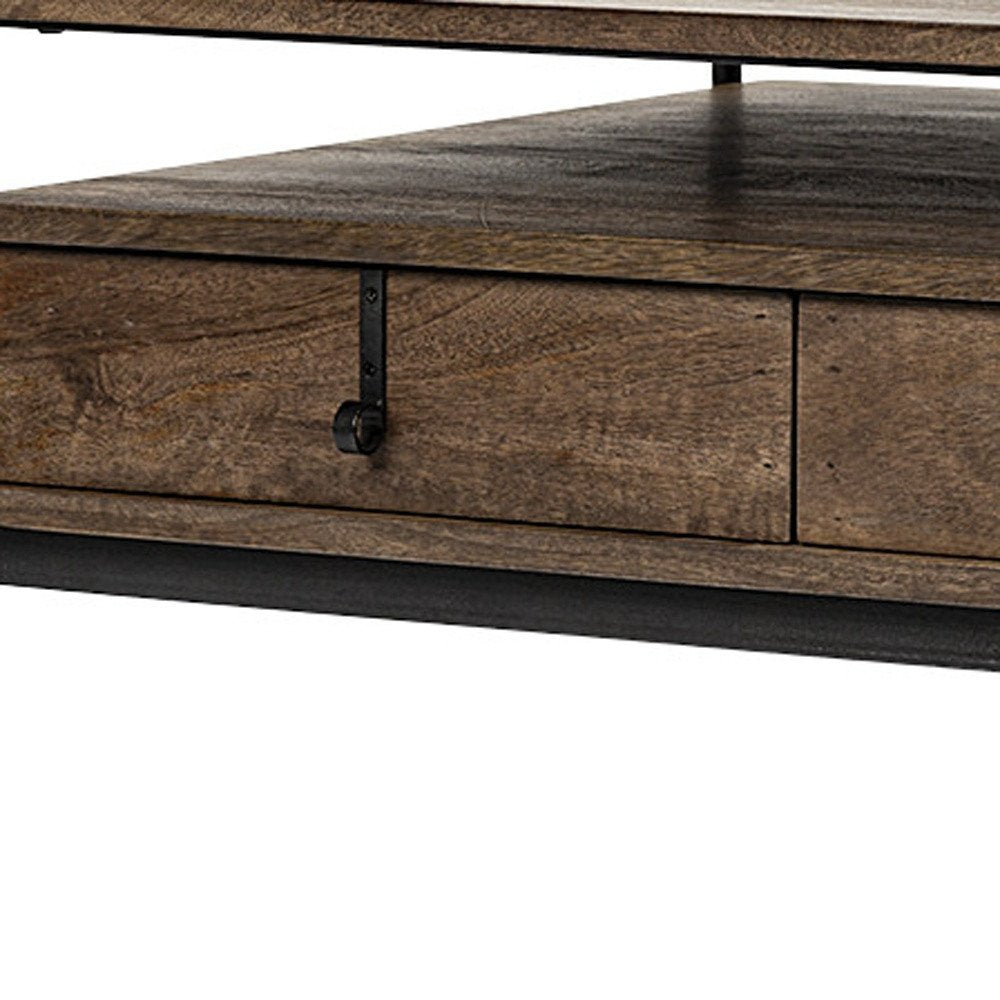 56" Brown and Black Solid Wood and Metal Coffee Table With Three Drawers