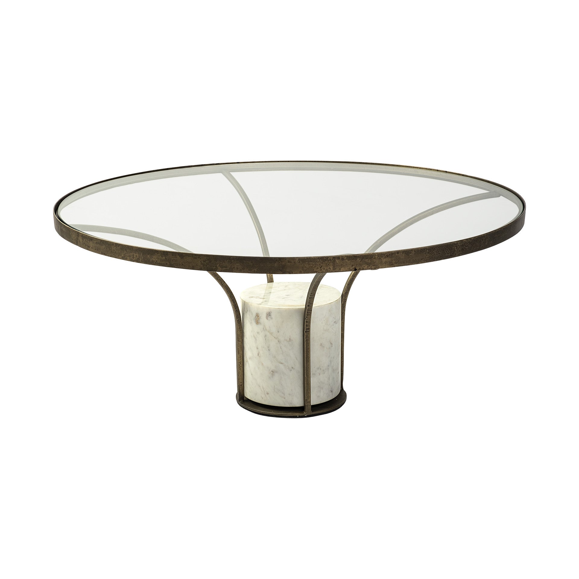 36" Antiqued Gold And White Glass Iron and Marble Round Pedestal Coffee Table