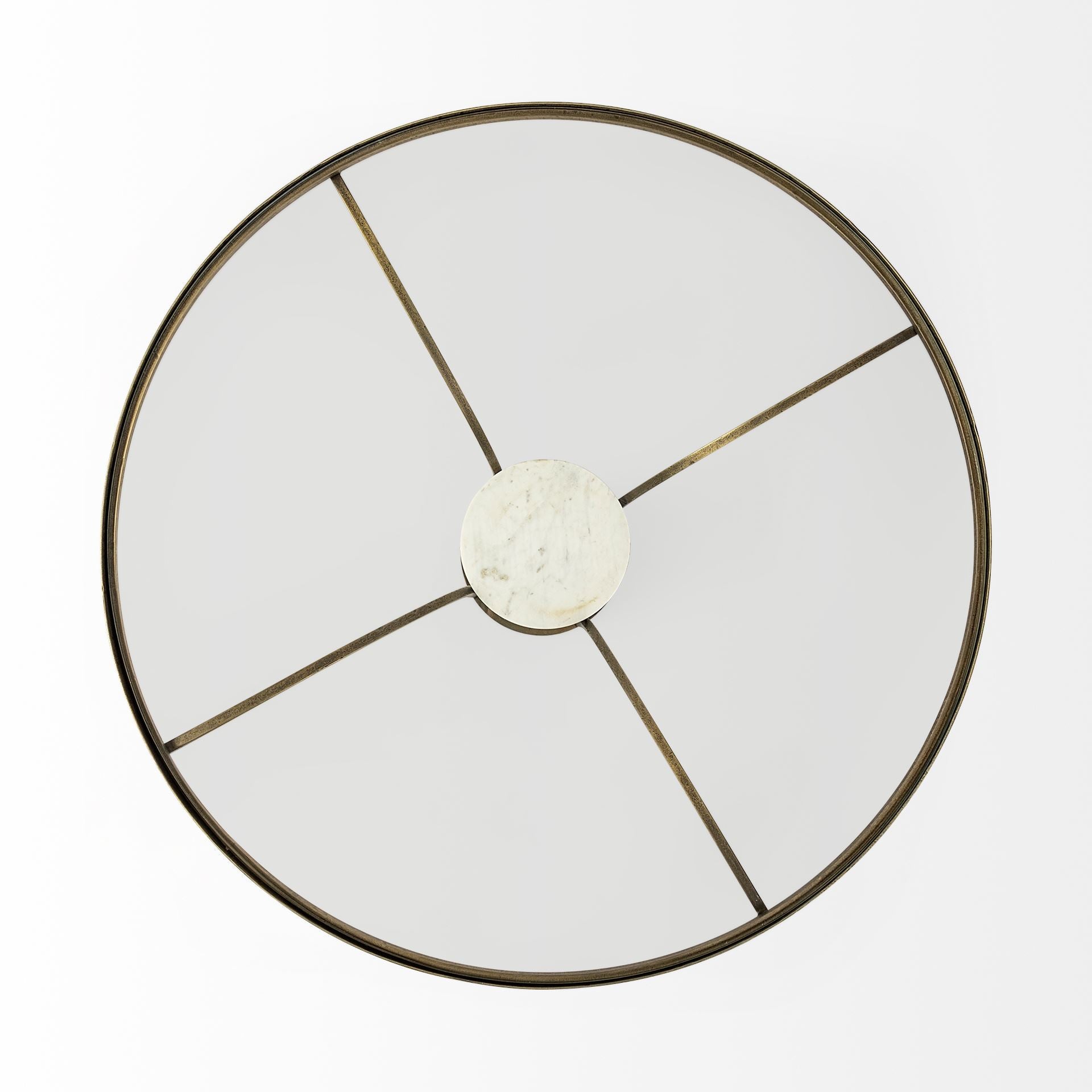 36" Antiqued Gold And White Glass Iron and Marble Round Pedestal Coffee Table