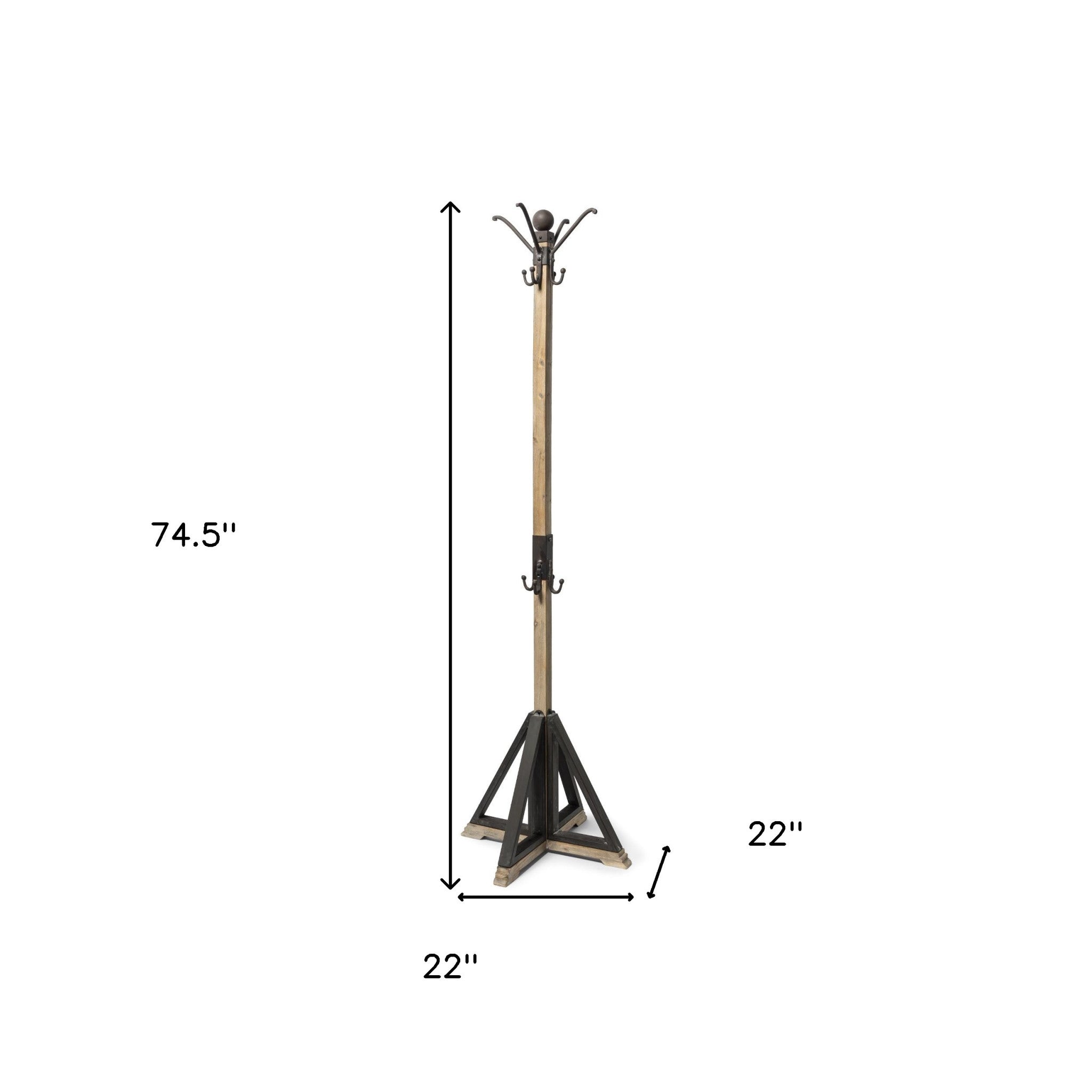 75" Black And Brown Solid Wood And Steel Twelve Hook Freestanding Coat Rack