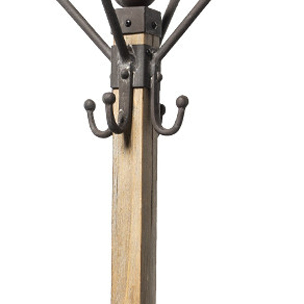 75" Black And Brown Solid Wood And Steel Twelve Hook Freestanding Coat Rack