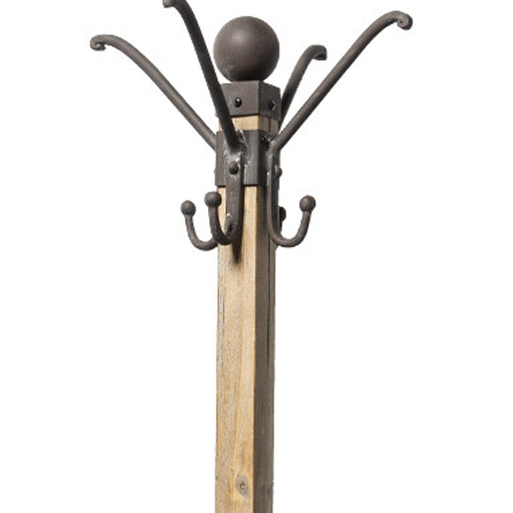 75" Black And Brown Solid Wood And Steel Twelve Hook Freestanding Coat Rack