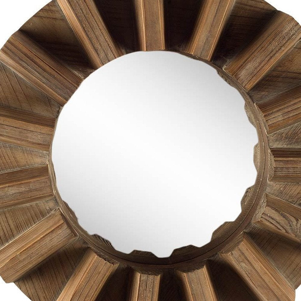 17" Brown Solid Wood Round Geometric Framed Accent Mirror