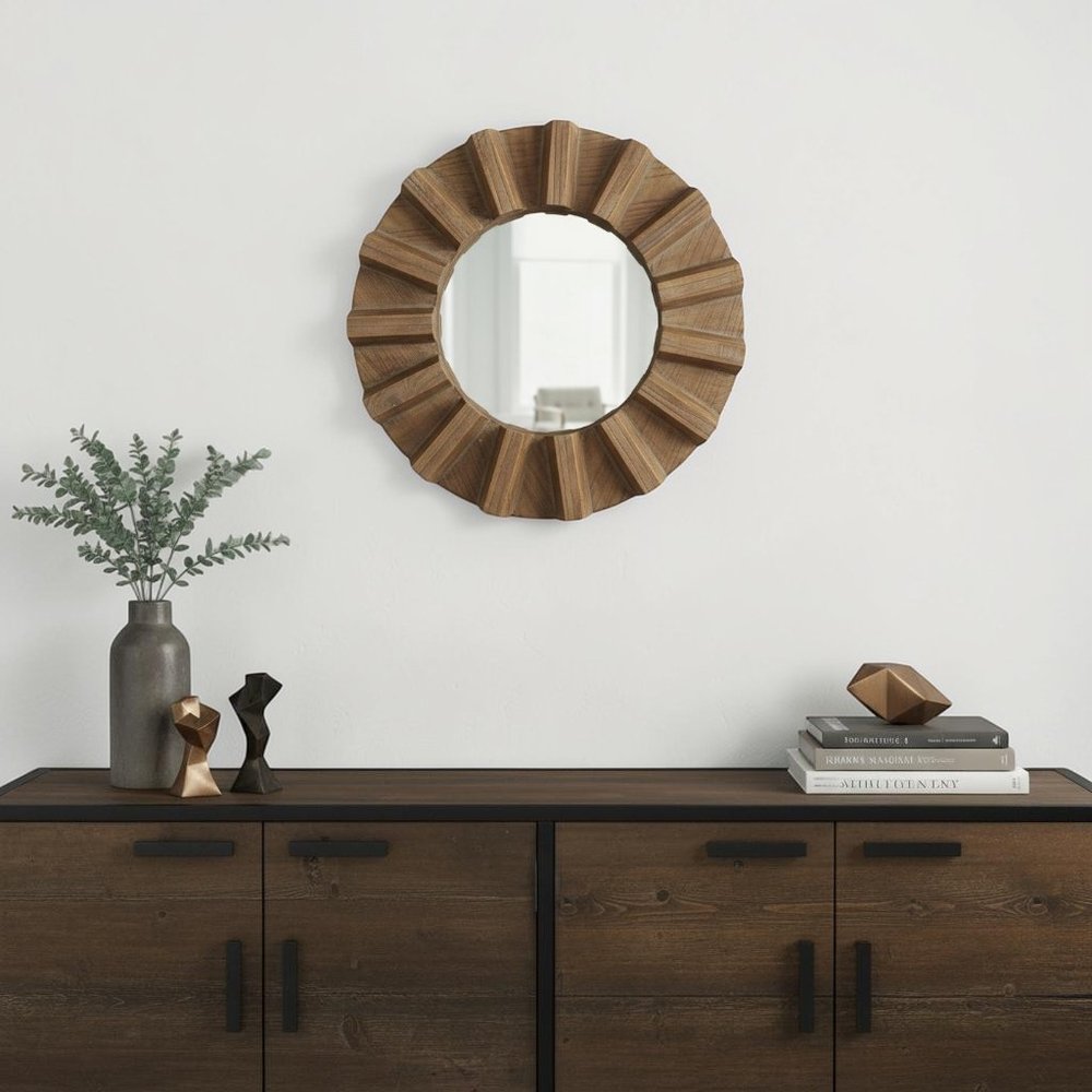17" Brown Solid Wood Round Geometric Framed Accent Mirror