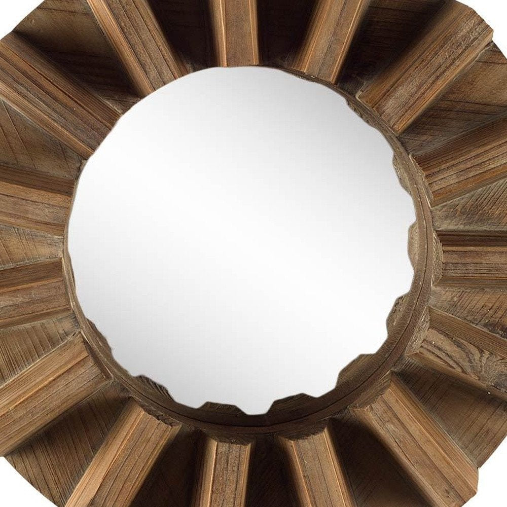 17" Brown Solid Wood Round Geometric Framed Accent Mirror
