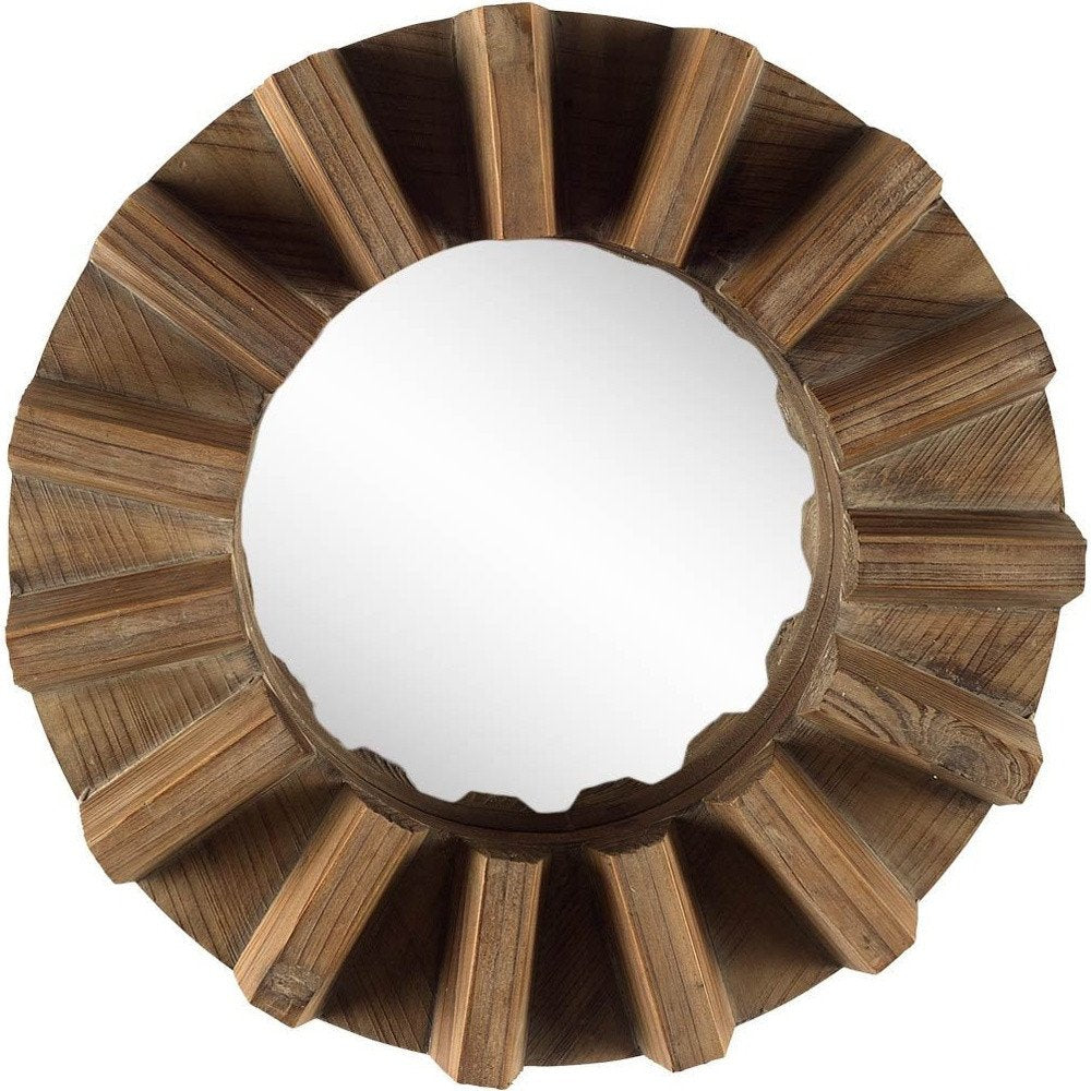 17" Brown Solid Wood Round Geometric Framed Accent Mirror