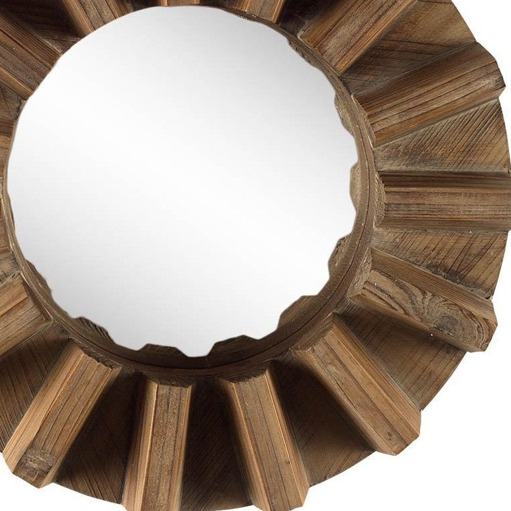 17" Brown Solid Wood Round Geometric Framed Accent Mirror