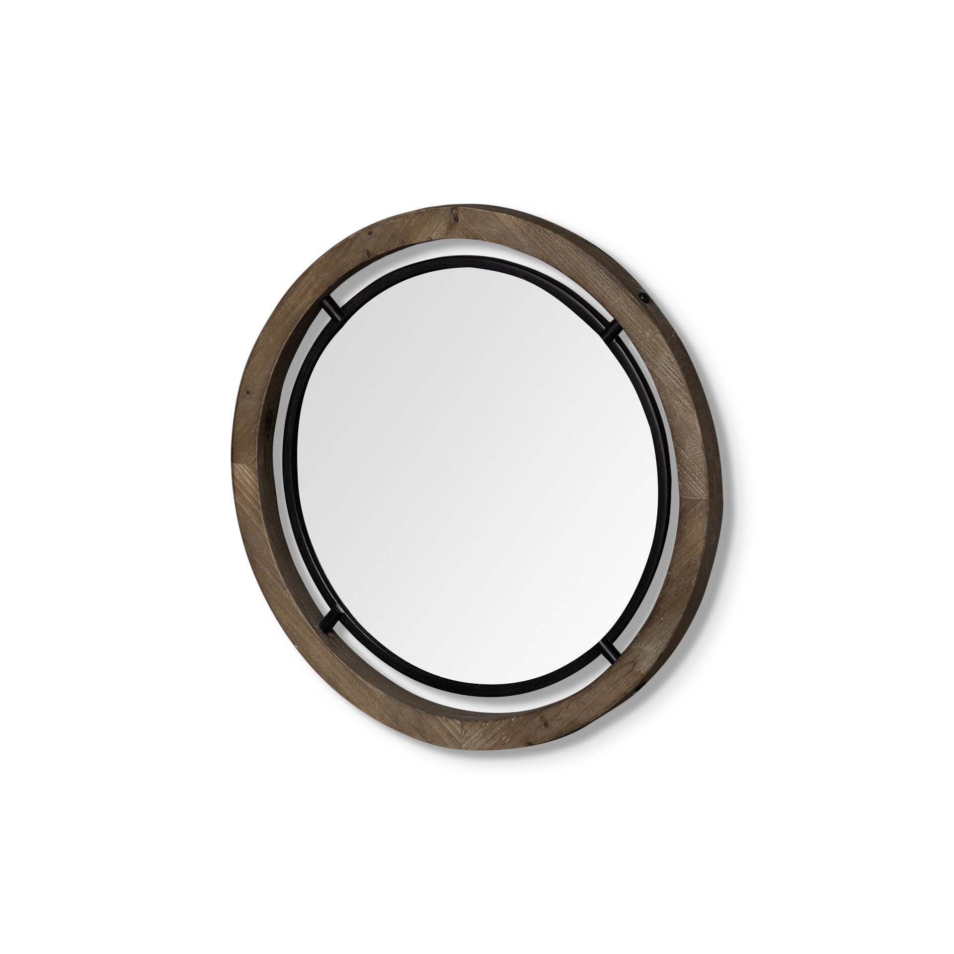 19" Black And Brown Metal And Solid Wood Round Geometric Framed Accent Mirror