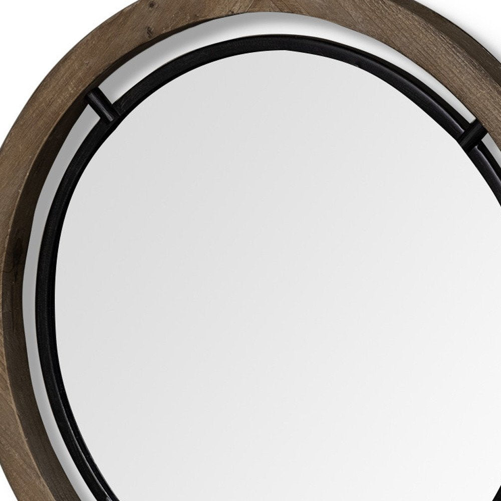 19" Brown And Black Metal And Wood Round Framed Accent Mirror