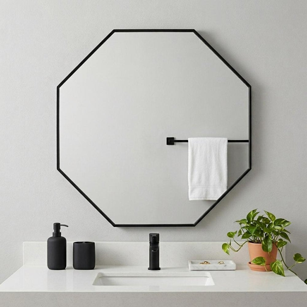 38" Black Octagon Metal Framed Bathroom Vanity Mirror