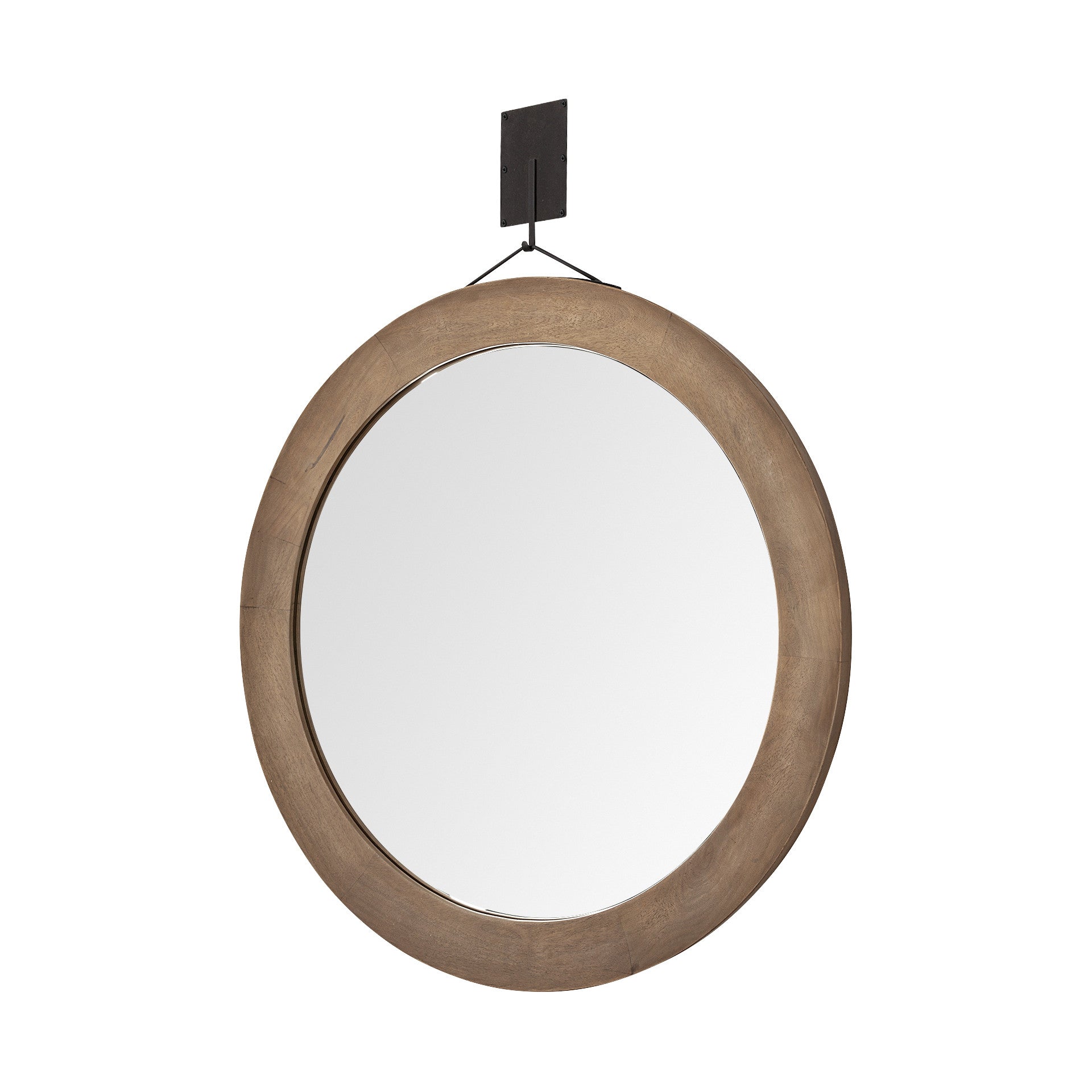 44" Brown Round Wood Framed Rope Hanging Accent Mirror