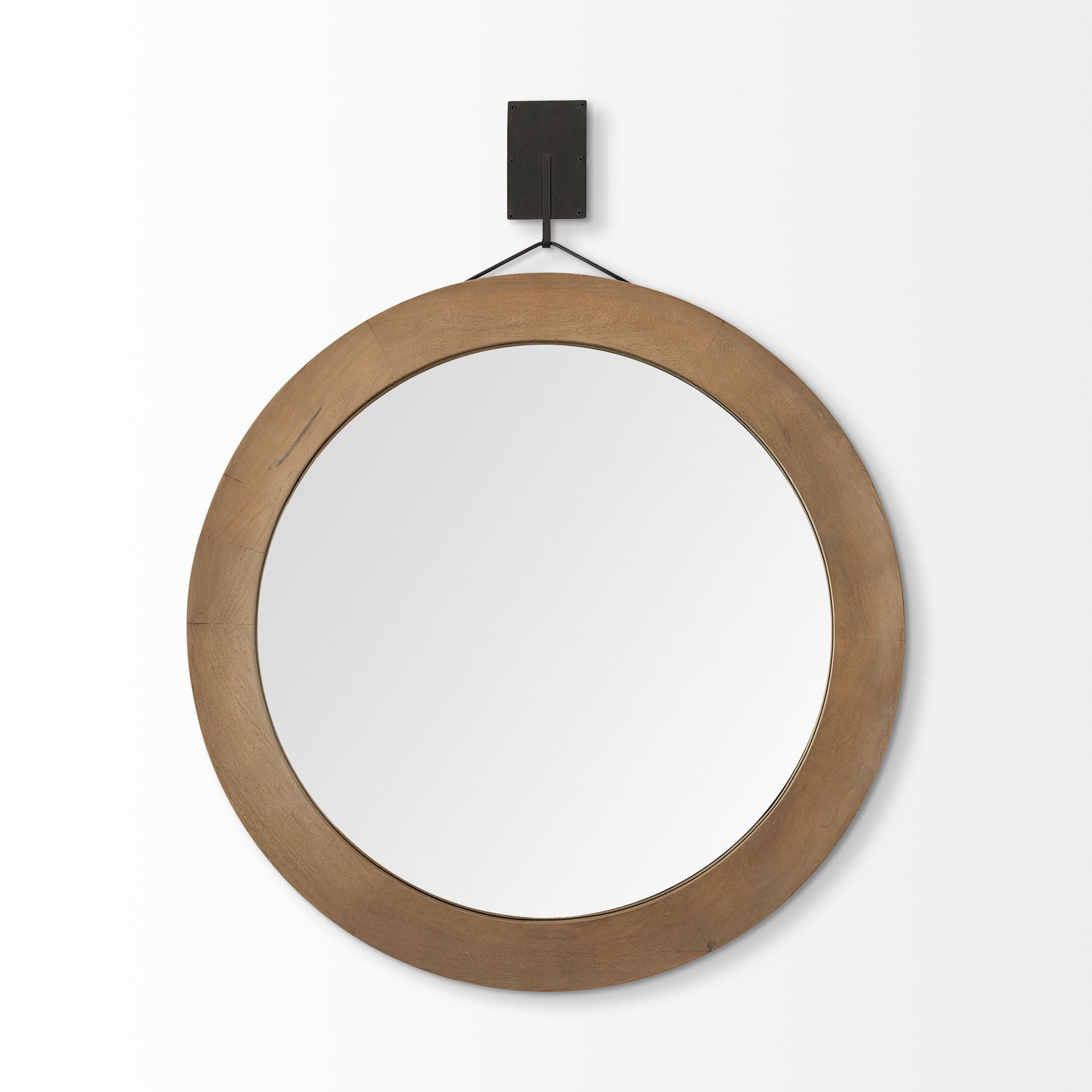 44" Brown Round Wood Framed Rope Hanging Accent Mirror