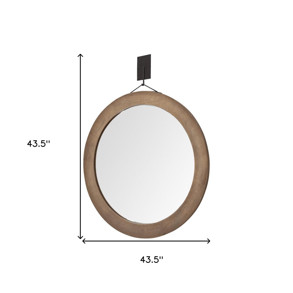 44" Brown Round Wood Framed Rope Hanging Accent Mirror