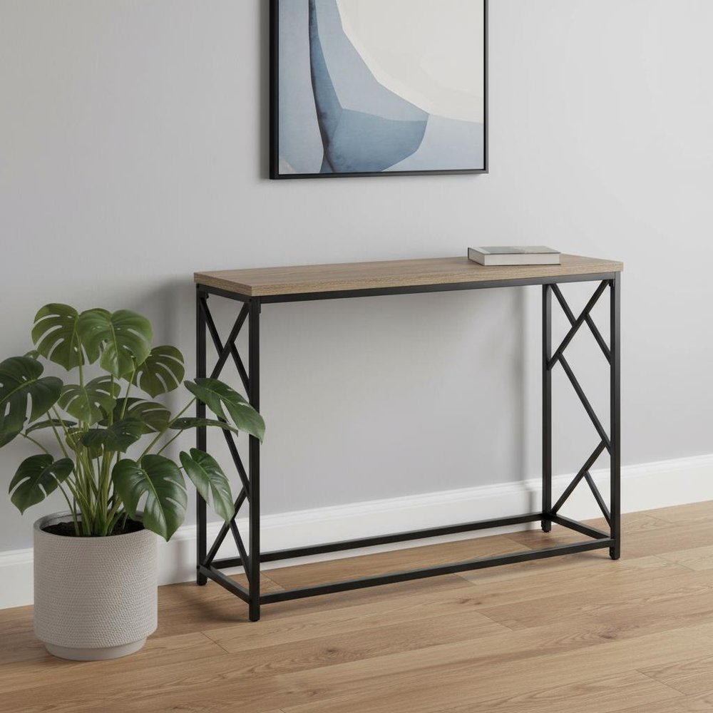 44" Taupe and Black Wood and Metal Frame Console Table