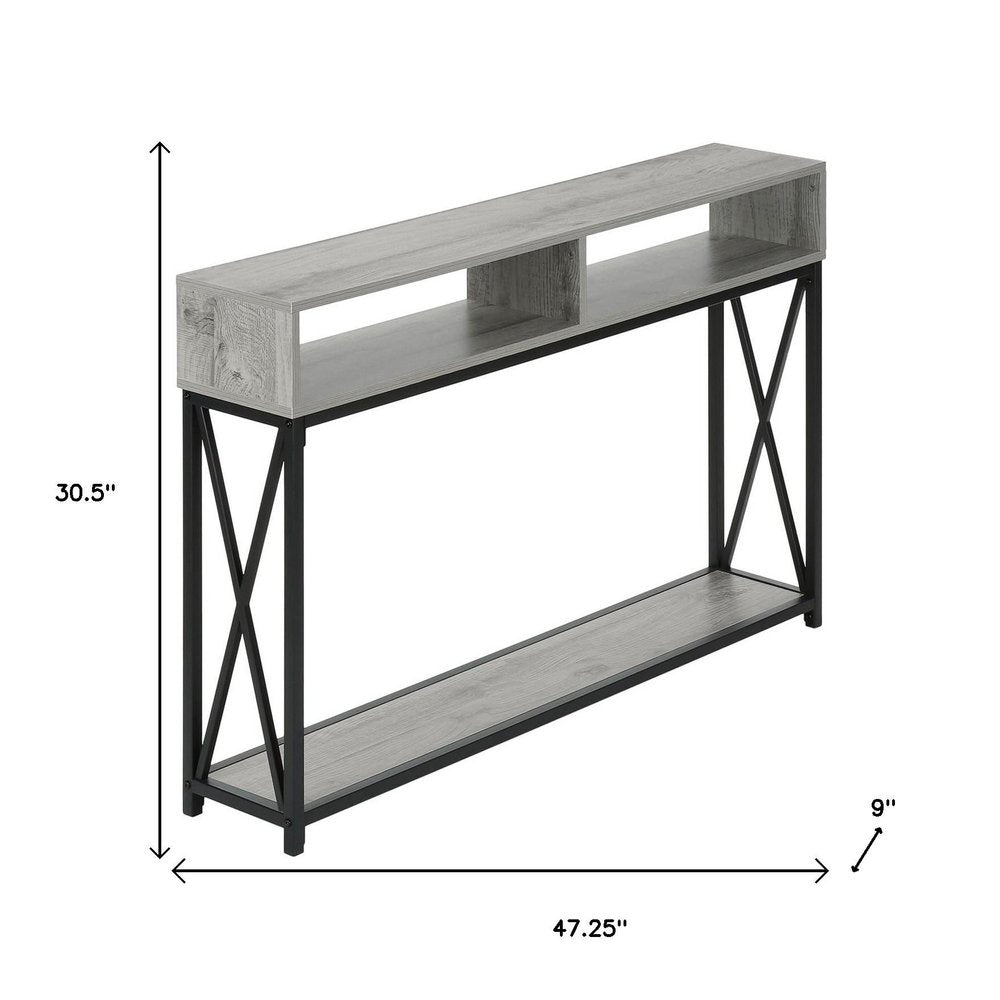 47" Gray and Black Frame Console Table With Shelves