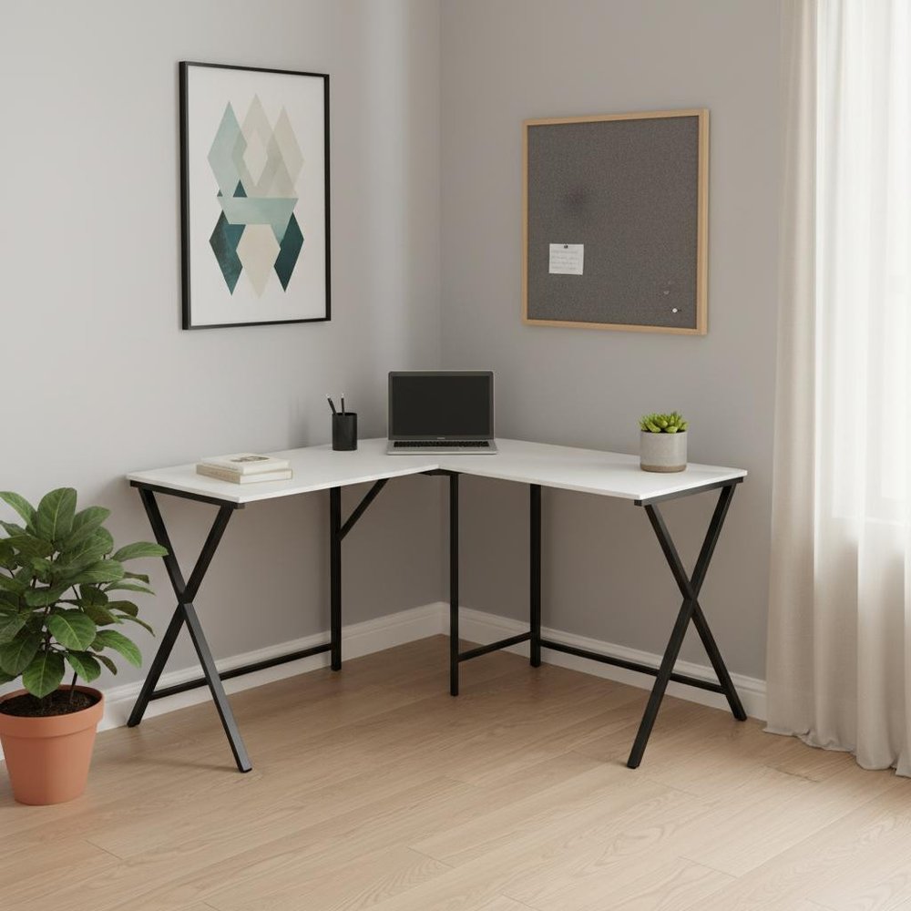 55" White and Black L Shape Computer Desk
