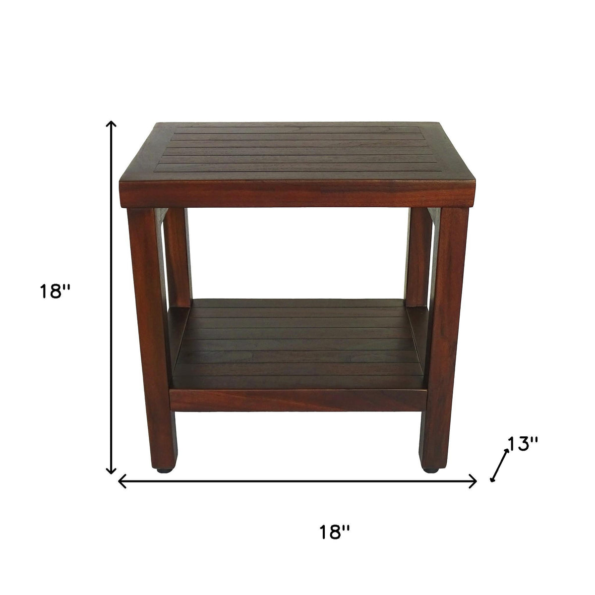 Compact Rectangular Teak Shower Or Outdoor Bench With Shelf In Brown Finish
