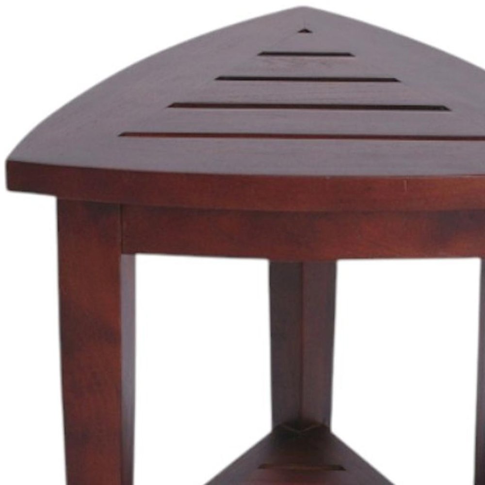 Compact Teak Corner Shower Outdoor Bench With Shelf In Brown Finish