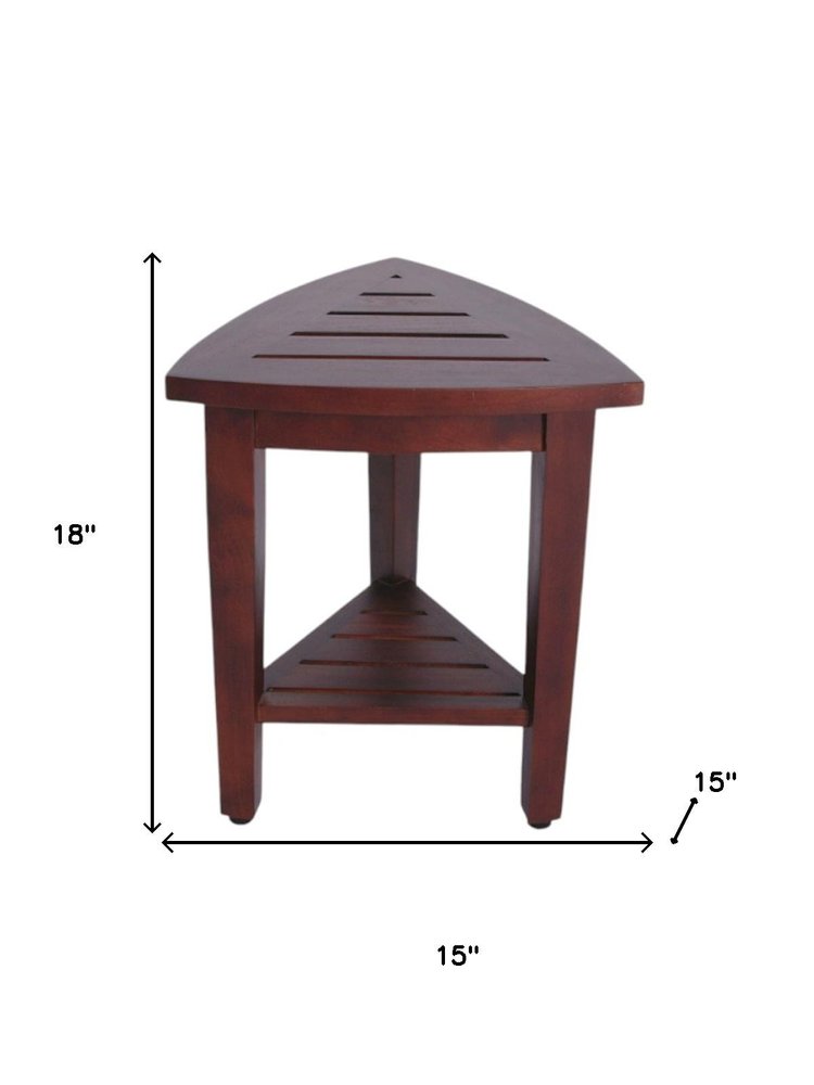 Compact Teak Corner Shower Outdoor Bench With Shelf In Brown Finish