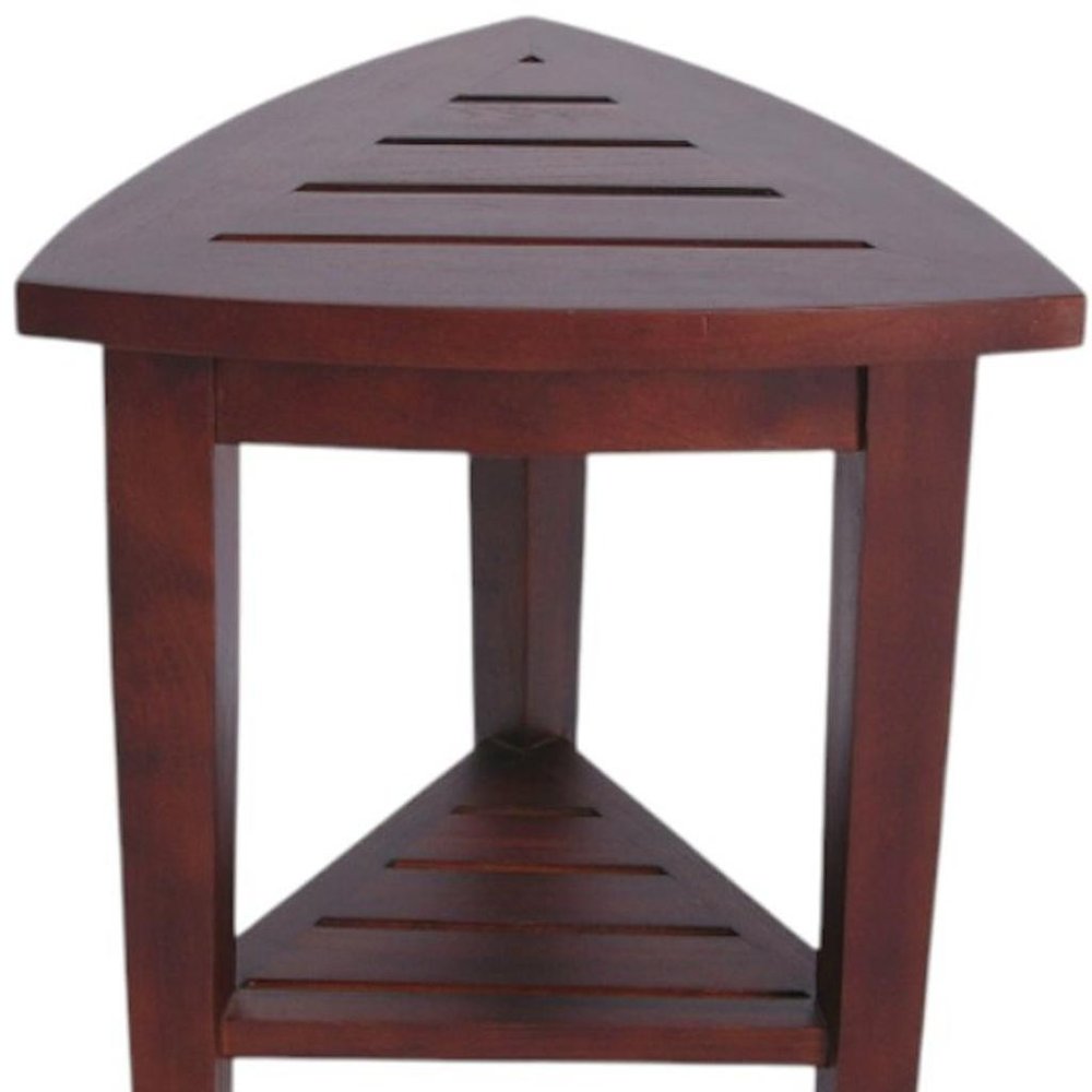 Compact Teak Corner Shower Outdoor Bench With Shelf In Brown Finish