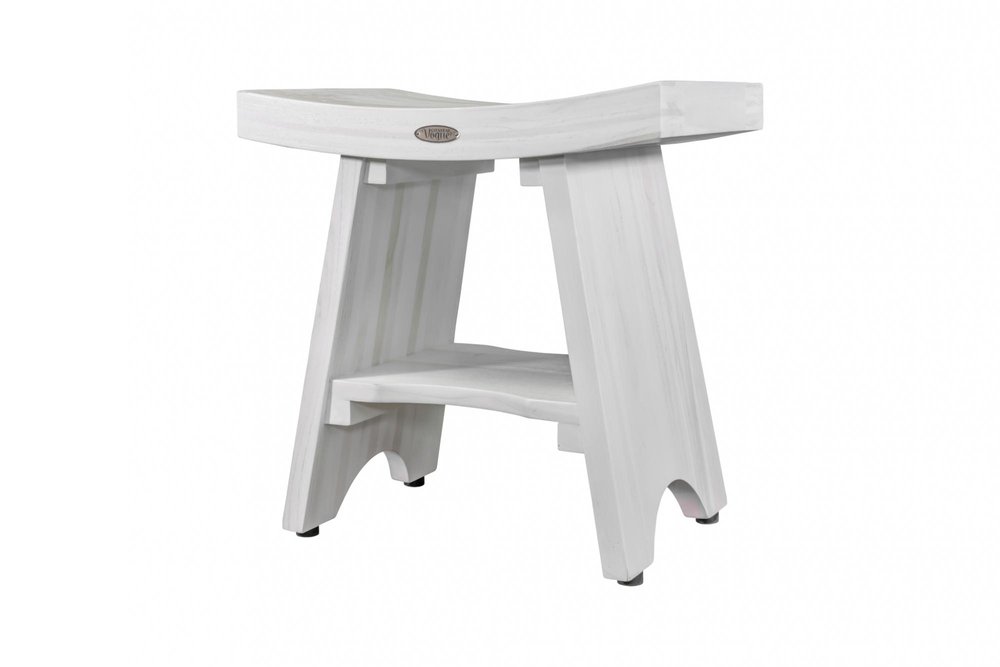 Compact Curvilinear Teak Shower Outdoor Bench With Shelf In Driftwood Finish
