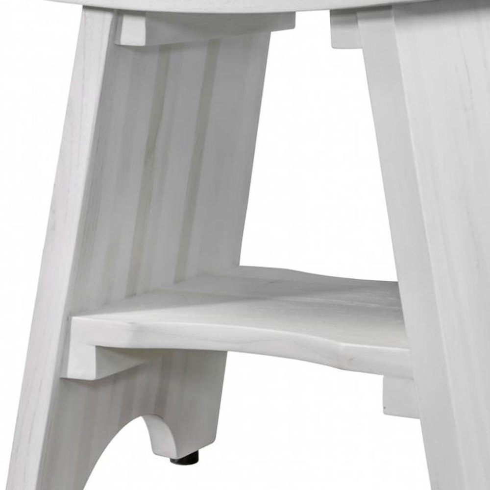 Compact Curvilinear Teak Shower Outdoor Bench With Shelf In Driftwood Finish