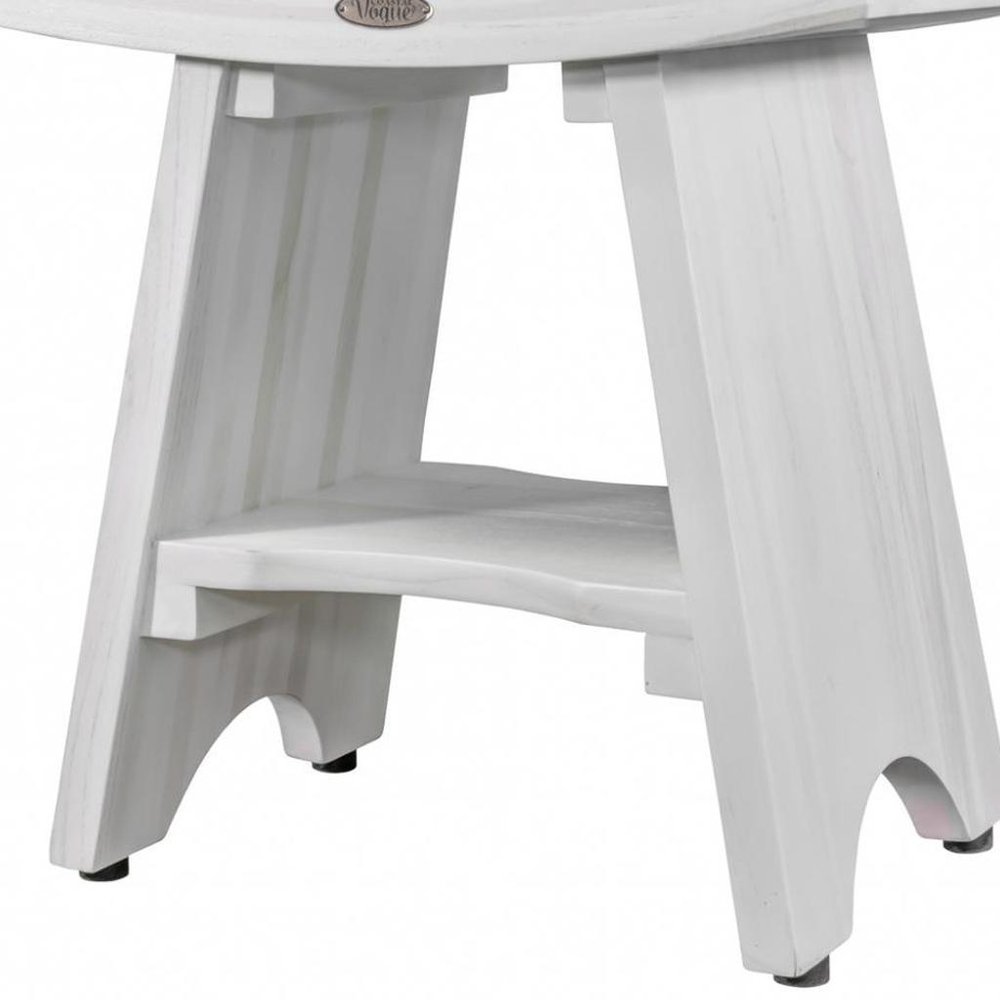 Compact Curvilinear Teak Shower Outdoor Bench With Shelf In Driftwood Finish