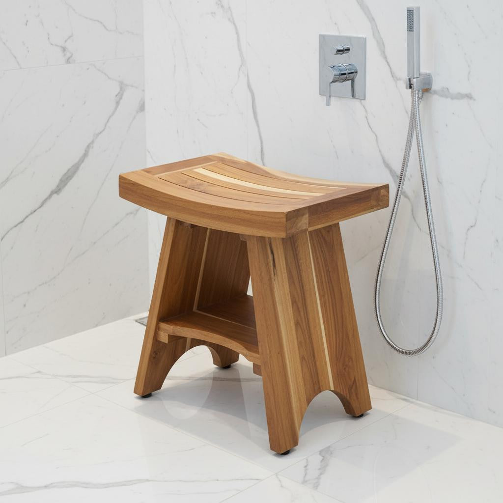 Compact Curvilinear Teak Shower Outdoor Bench With Shelf In Natural Finish