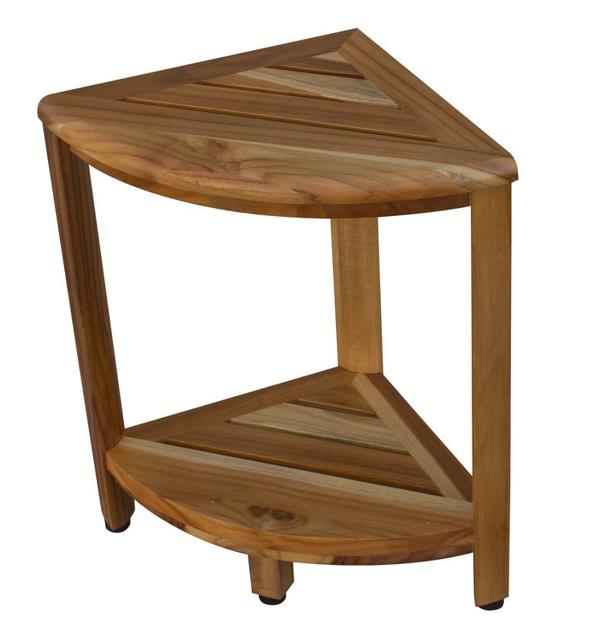 17" Brown Teak Corner Shower Bench With Shelf