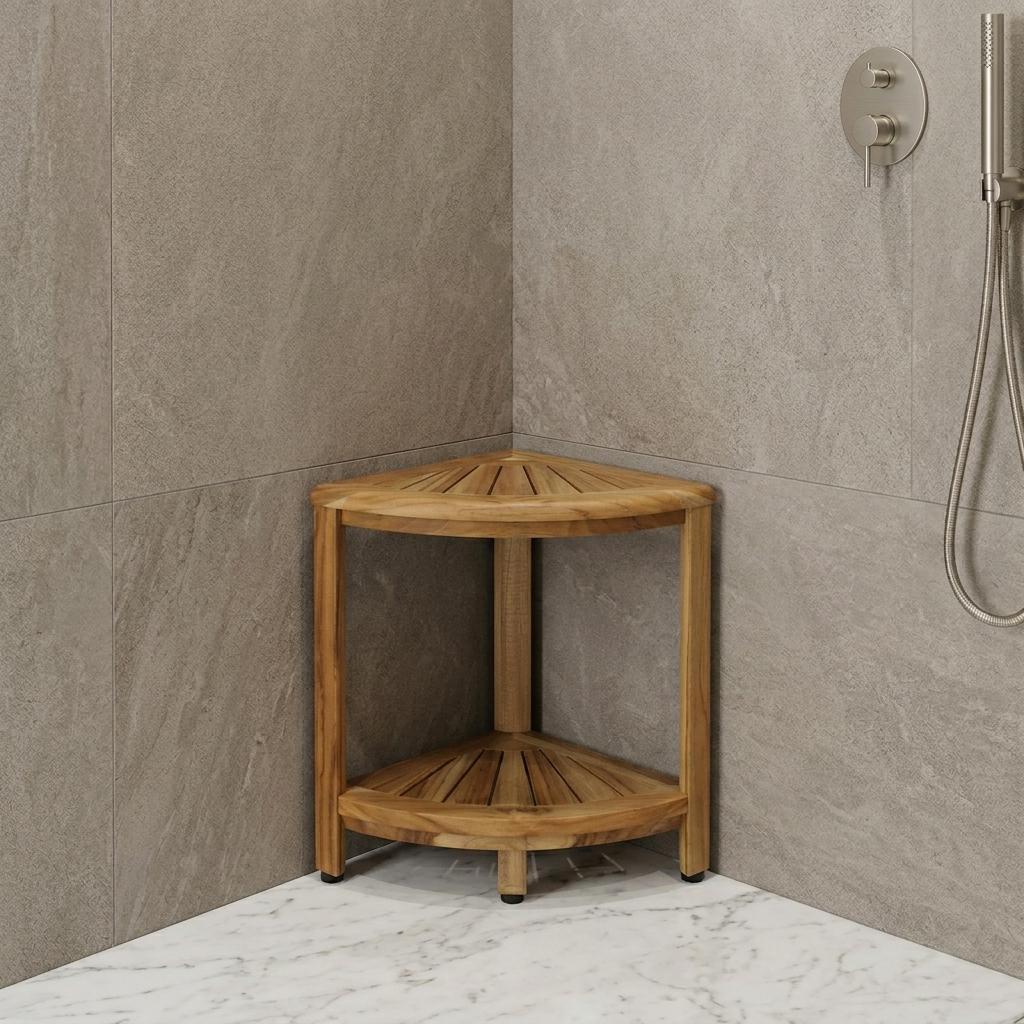 17" Brown Teak Corner Shower Bench With Shelf