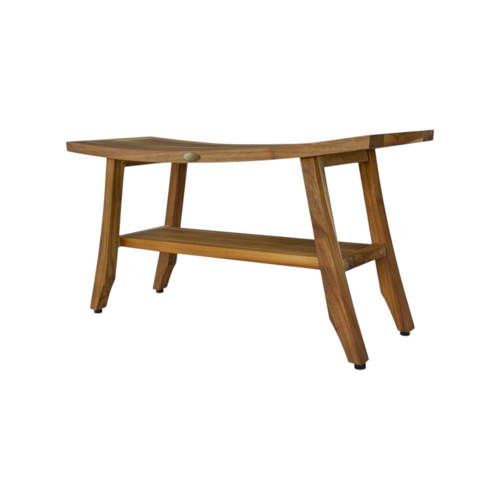 Compact Curvilinear Teak Shower Outdoor Bench With Shelf In Natural Finish