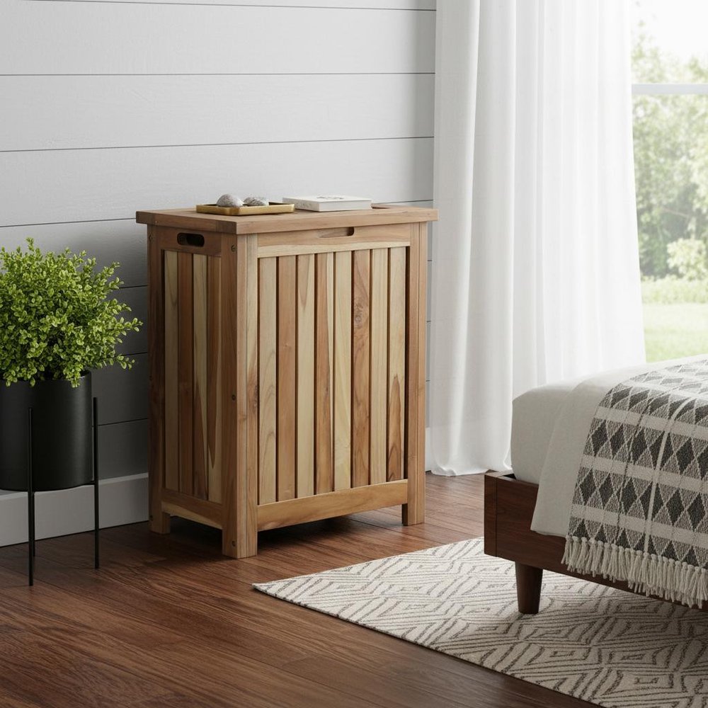Compact Teak Laundy Storage With Removable Bag In Natural Finish