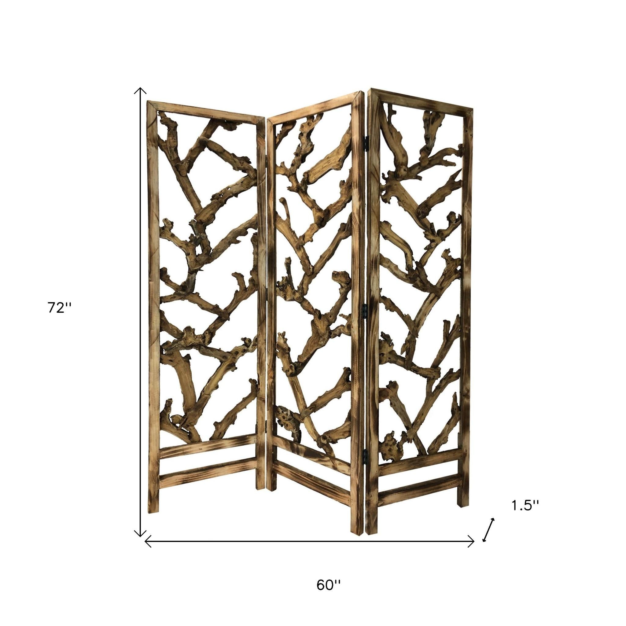 72" Brown Solid Wood Folding Three Panel Screen Room Divider