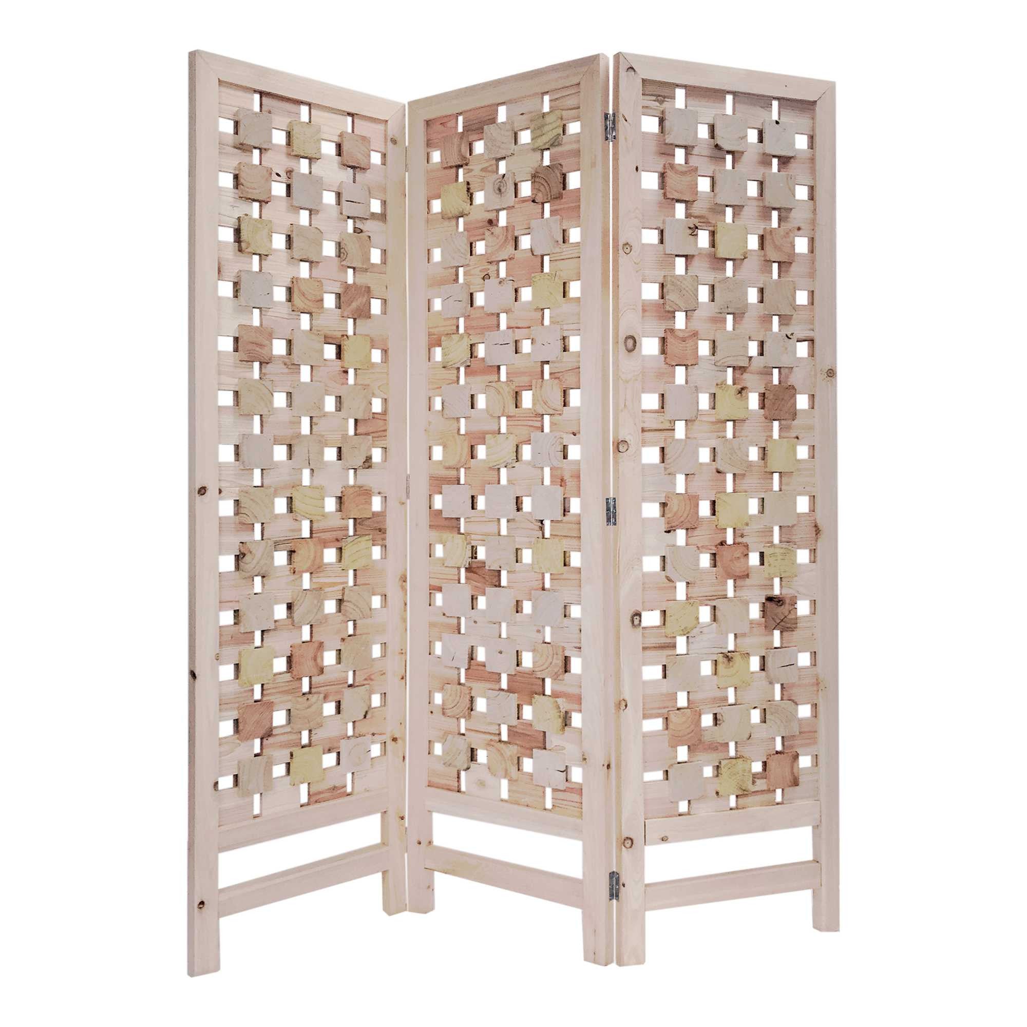 3 Panel Pink Room Divider With Cut Square Wood Design