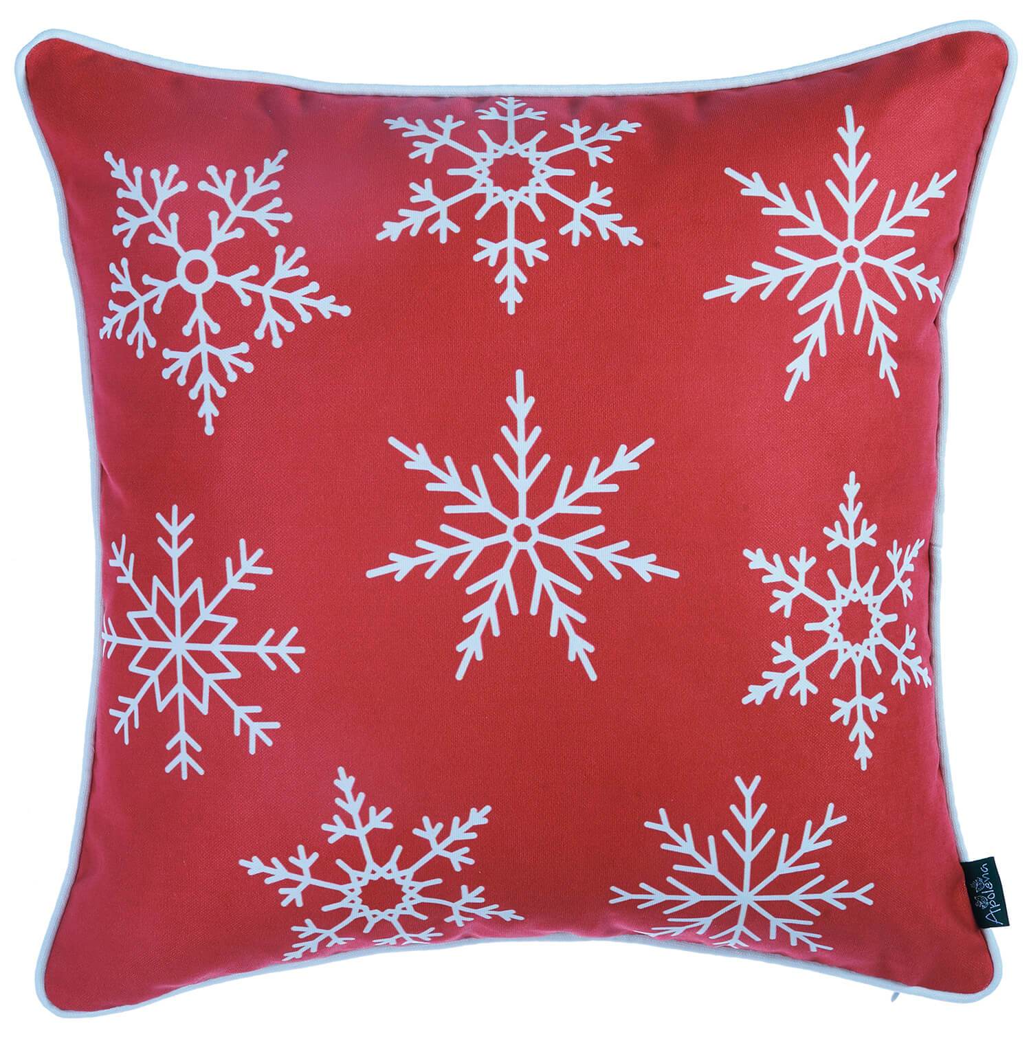 Set of Four 18" Red And White Merry Christmas Christmas Snowflakes Fabric Throw Pillow Covers