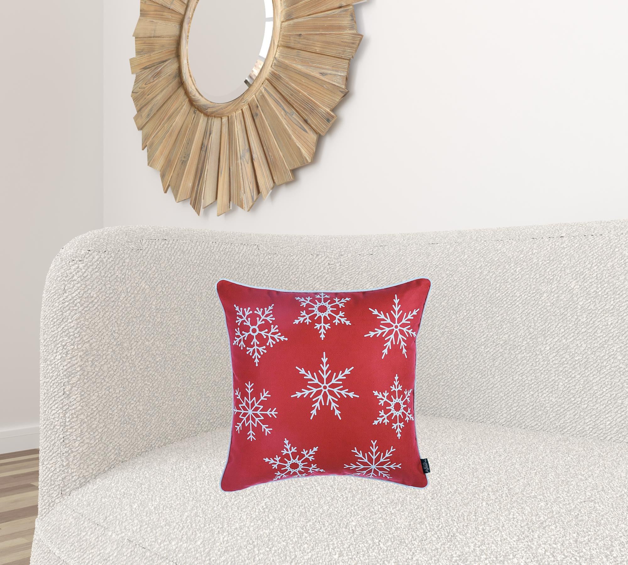 Set of Four 18" Red And White Merry Christmas Christmas Snowflakes Fabric Throw Pillow Covers
