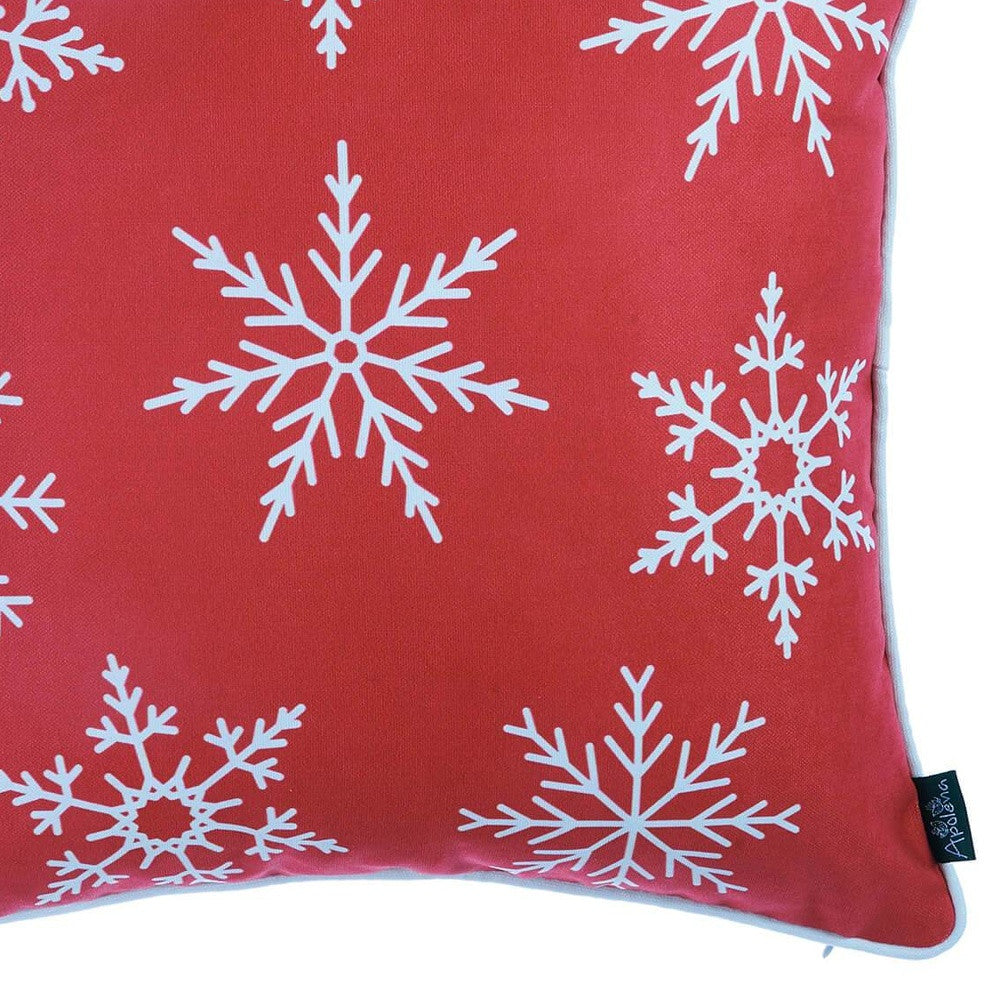 Set of Four 18" Red And White Merry Christmas Christmas Snowflakes Fabric Throw Pillow Covers