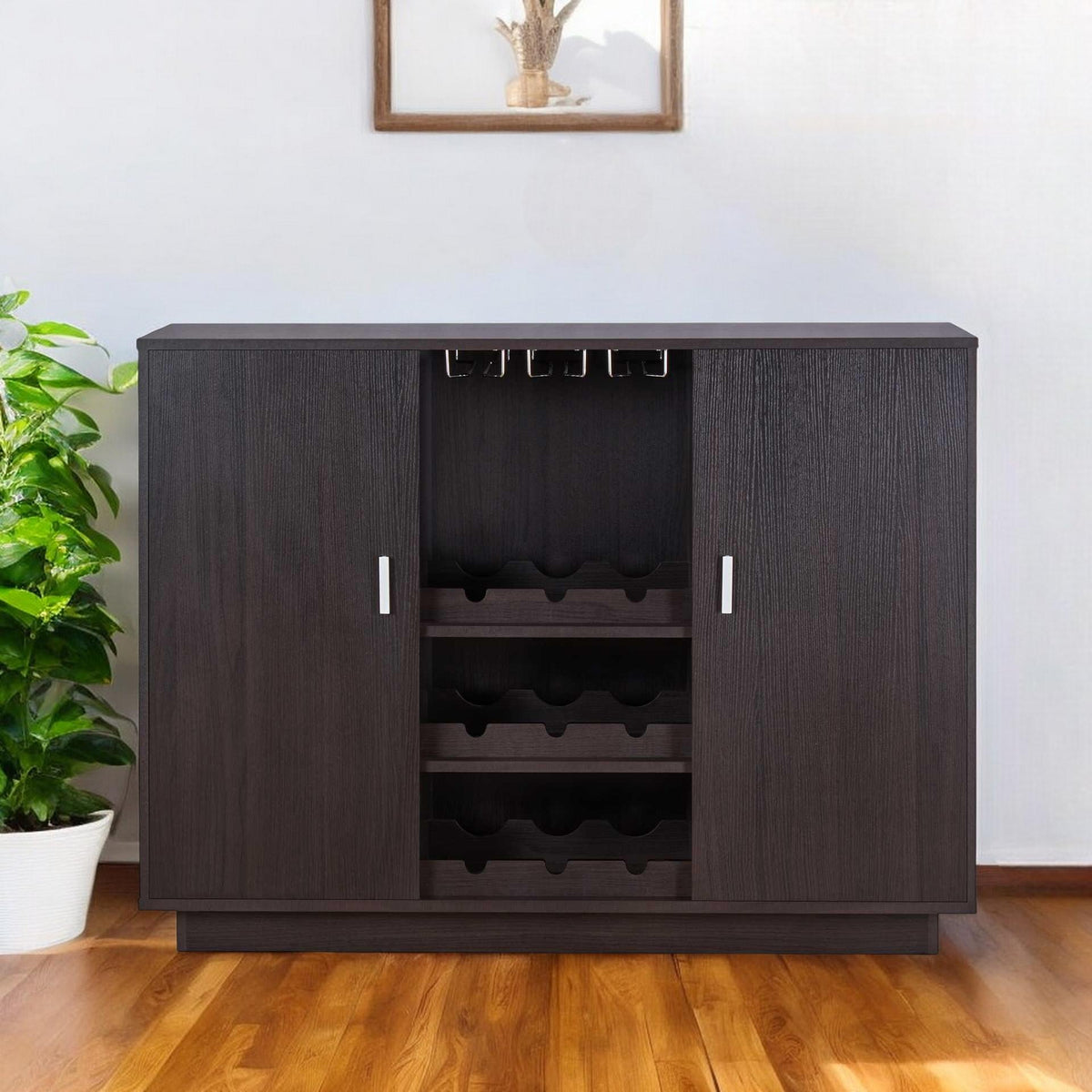 Espresso Wood Finish Wine And Stemware Cabinet