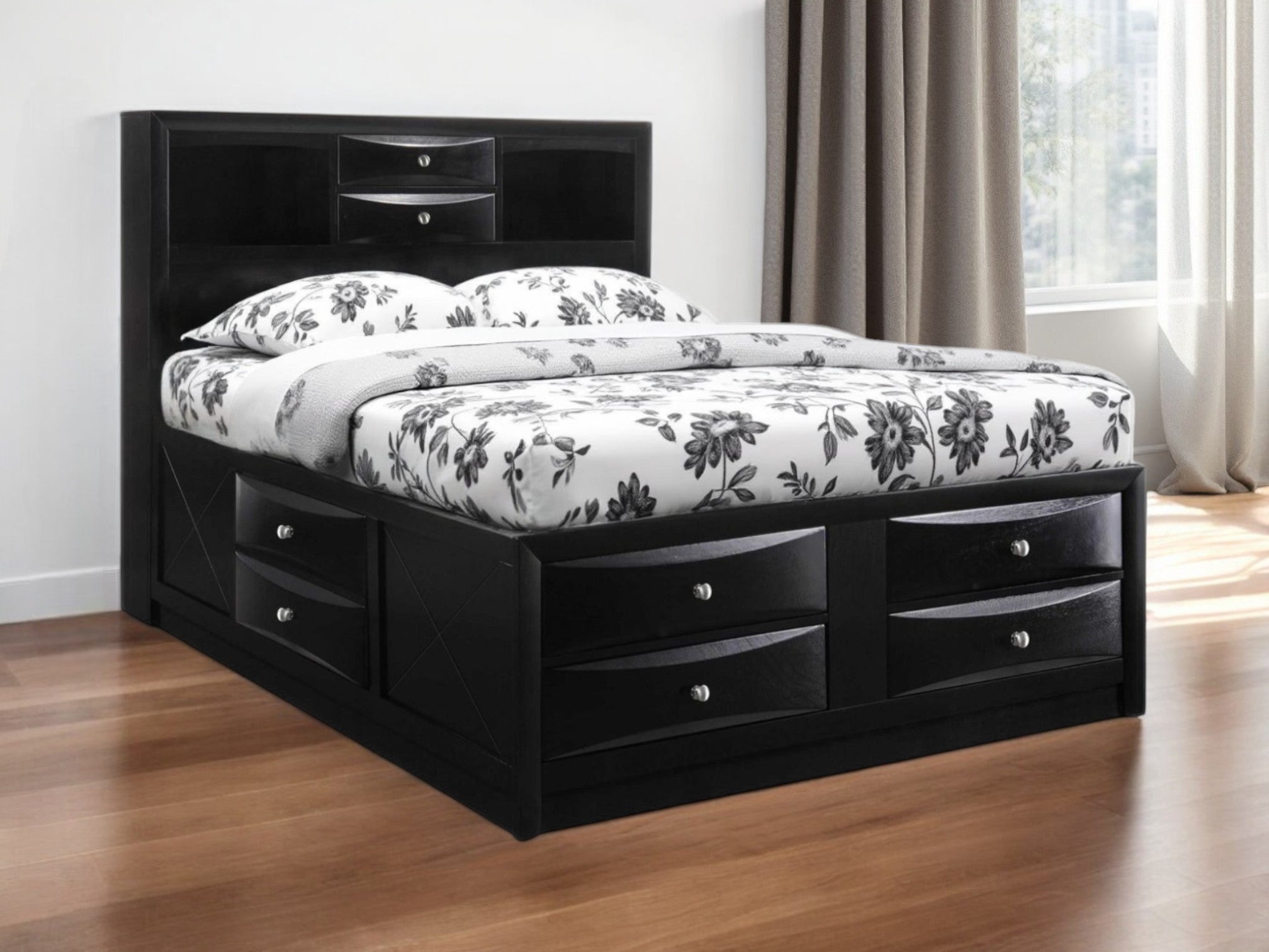 Black Wood Queen With Ten Drawers Bed Frame