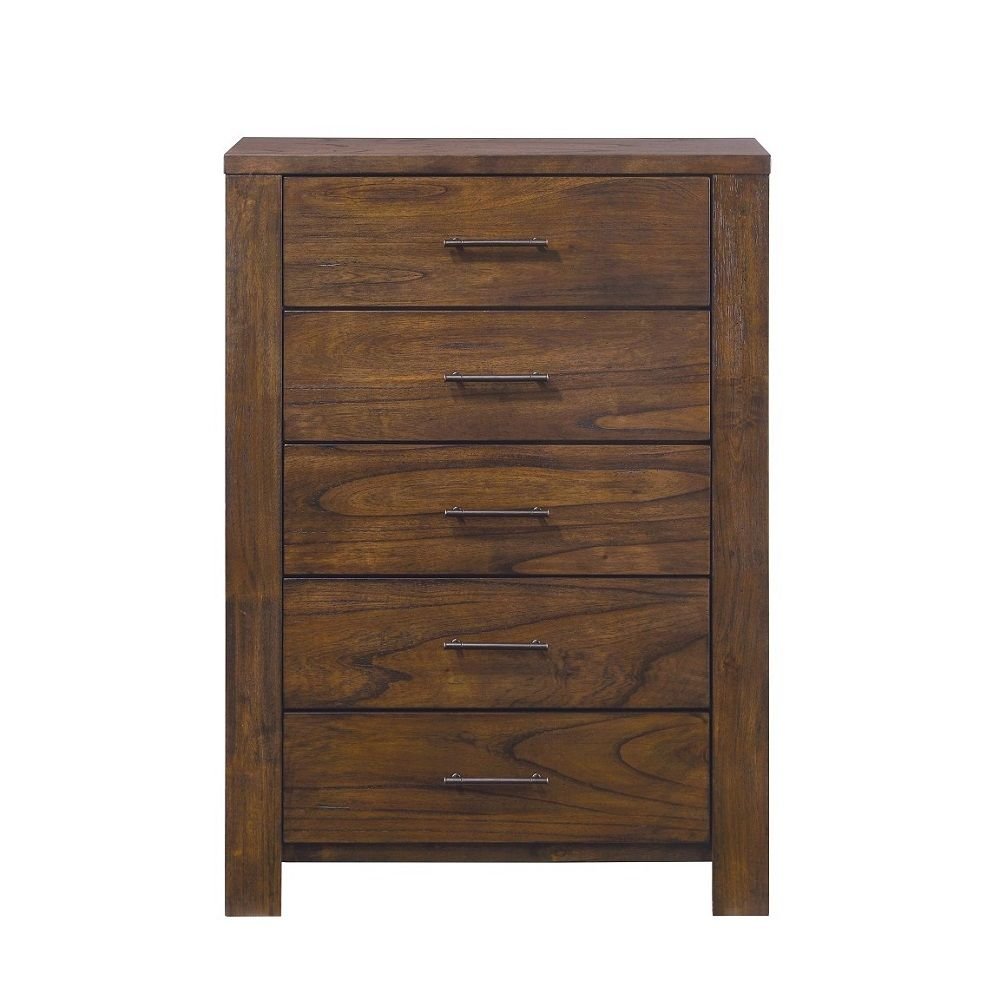 34" Brown Solid Wood Five Drawer Dresser