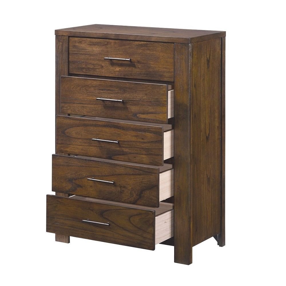 34" Brown Solid Wood Five Drawer Dresser