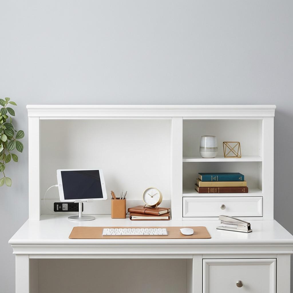 White Wood Computer Hutch With Shelf And Drawer