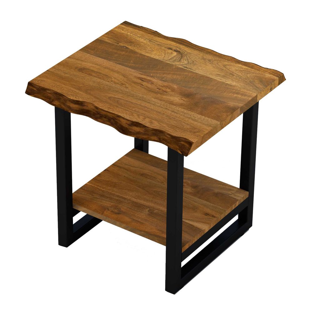 24" Brown And Black Solid Wood And Iron Square Frame End Table With Shelf