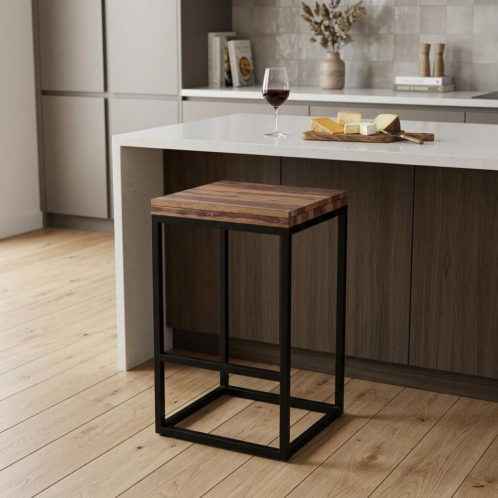 25" Brown And Black Solid Wood And Iron Backless Counter Height Bar Chair