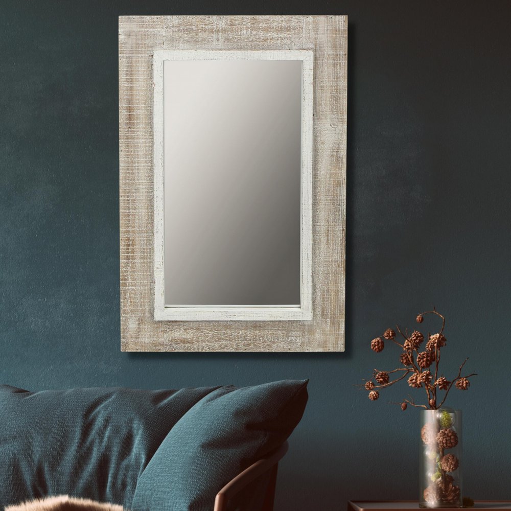 27" Natural And White Solid Wood Framed Accent Mirror