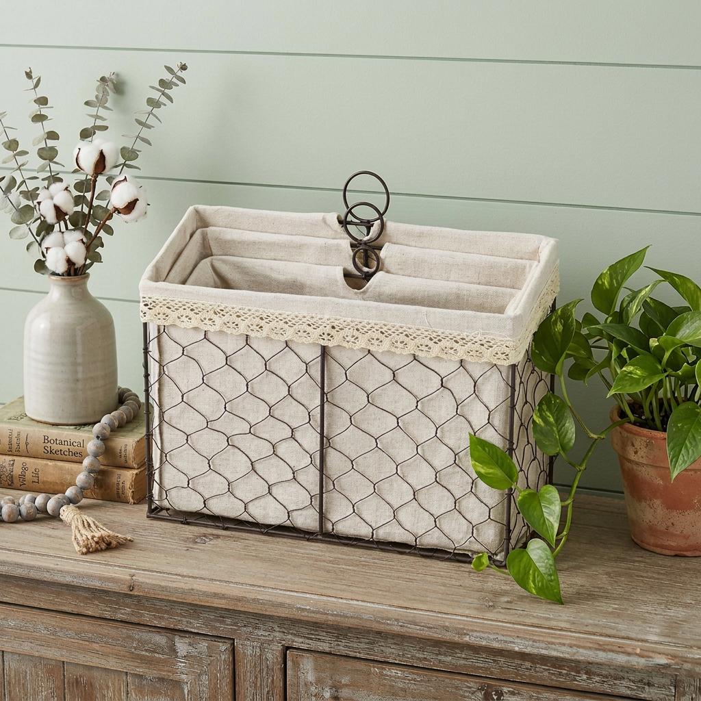Set Of 3 Brown Linen Fabric And Line Metal Organizers