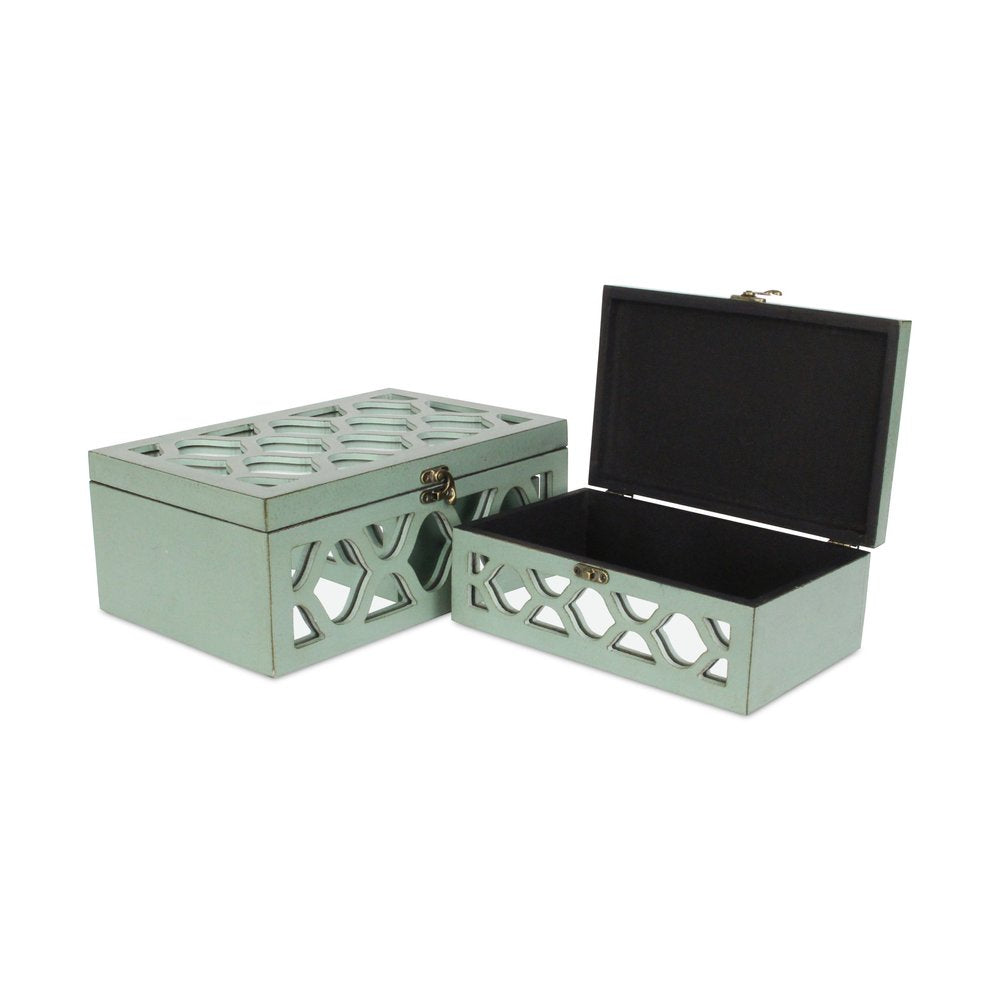 Set of Two Blue Mirrored Glass And Wood Box With Lid