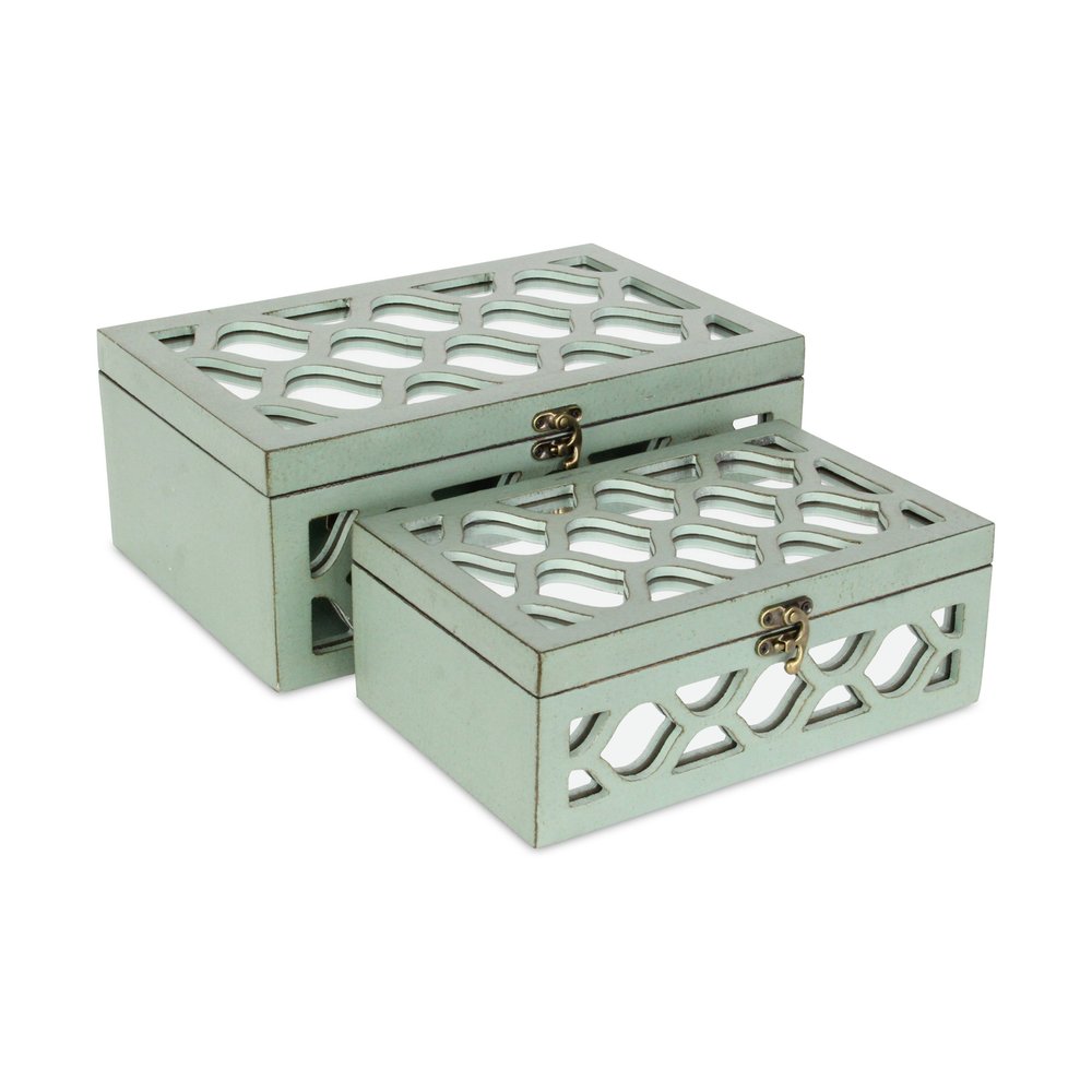Set of Two Blue Mirrored Glass And Wood Box With Lid